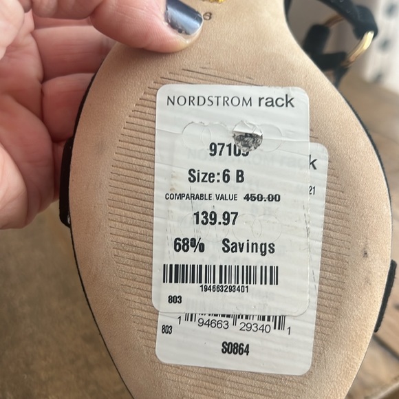 STUART WEITZMAN LATITA BLOCK HEEL SANDAL GOLD SQUARE BLACK 6 - Picture 5 of 7